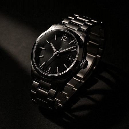 Wrist watch on a black background. Black and white photo.