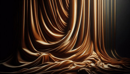 Golden drapery curtain on a black background. 3d renderingの写真素材