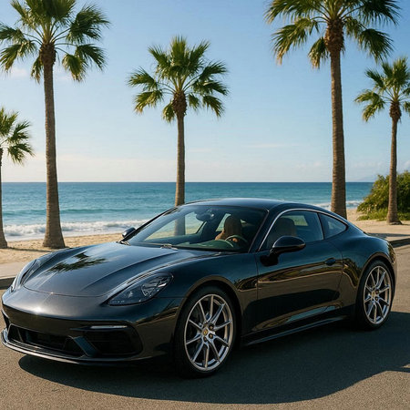 Side view of a Tesla Model S on the beach
