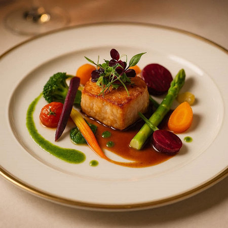 Grilled fish fillet with vegetables on a white plate in a restaurant