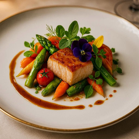 Grilled fish fillet with asparagus, carrot and herbs