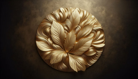 3d rendering of a golden flower in a circle on a black backgroundの写真素材