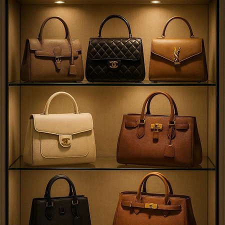 Luxury leather handbags in a store window. Retro style.