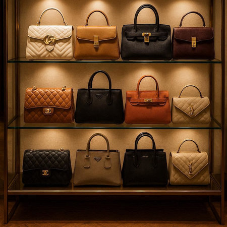 Luxury leather handbags on display in a shop window.