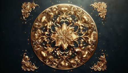 Luxury gold floral ornament on a black wall. 3d renderingの写真素材