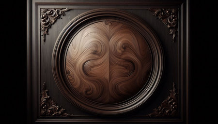 Wooden round frame with a pattern on the wall. 3d renderingの写真素材
