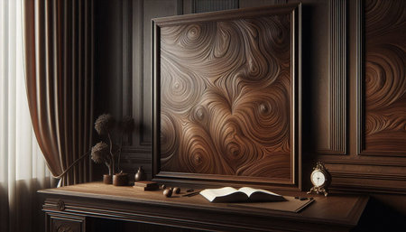 3d illustration of a classic interior design of a room with wooden walls, a dark wooden floor, a window and a book.の写真素材