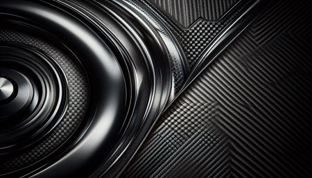 Car audio speaker on carbon fiber background. 3D rendering illustration.