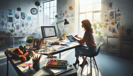 Creative designer working in creative office. Young female designer sitting at desk with computer...