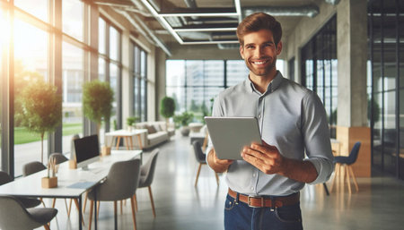 Portrait of a handsome young businessman using digital tablet in the office