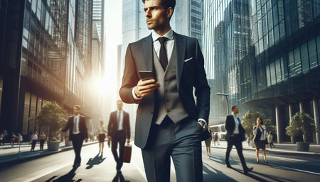 Businessman using mobile phone and walking on the street. Business people in the city.
