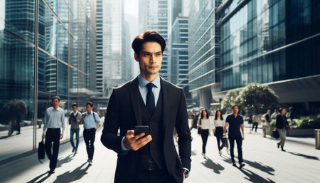 Handsome businessman in suit using mobile phone while walking in city