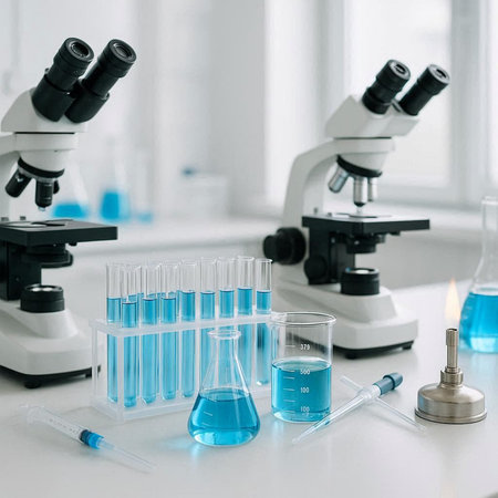 Laboratory glassware with blue liquid, microscope and test tubes on table