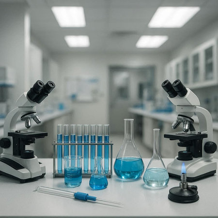 Laboratory glassware and test tubes with blue liquid in scientific laboratory