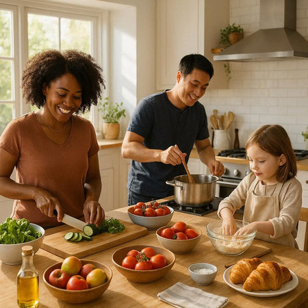 Happy family cooking together in the kitchen at home. Mother, father and their daughter are...