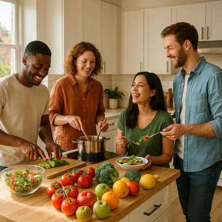 Happy multiethnic group of friends preparing vegetable salad together at homeの写真素材