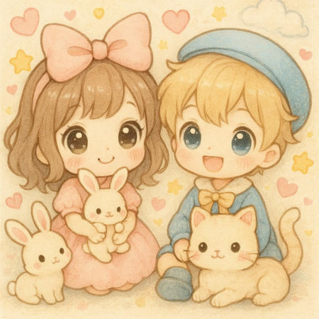Cute boy and girl with a cat. Hand drawn illustration.の写真素材