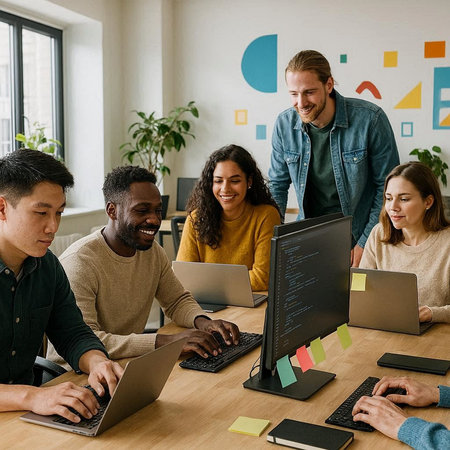 Multiethnic group of young designers working on a project in a modern office