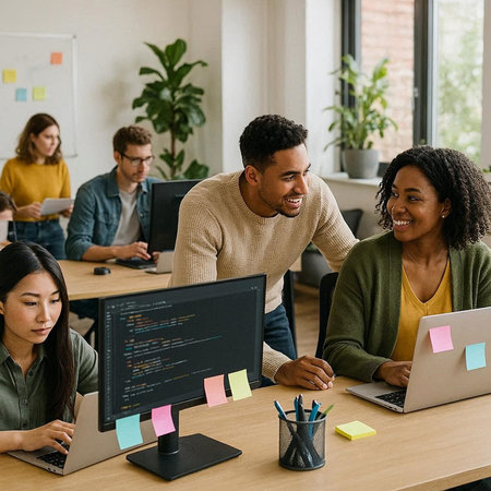 multiethnic software developers working together on computer screens in modern office