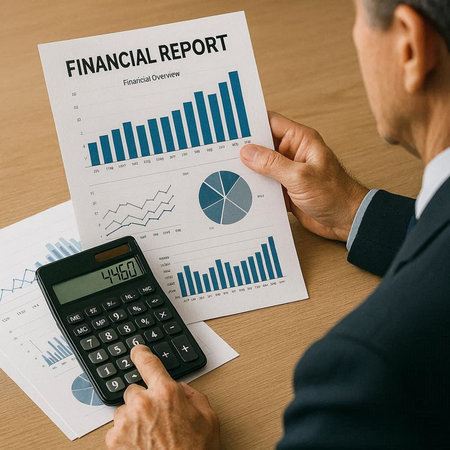 Businessman analyzing investment charts with calculator. Financial report concept. Accounting