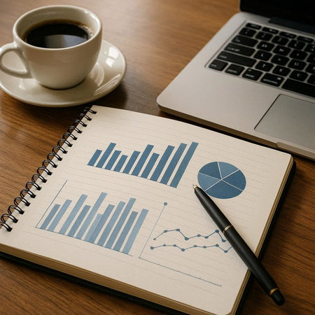 Business graph and chart on a notepad with a cup of coffee