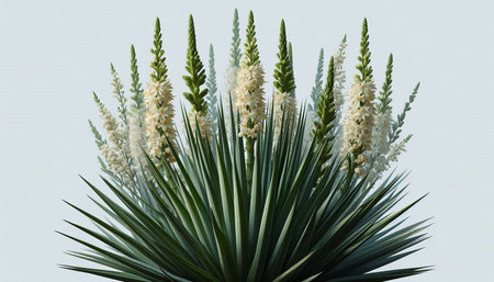 Close up of agave plant with white flowers on white background.の写真素材