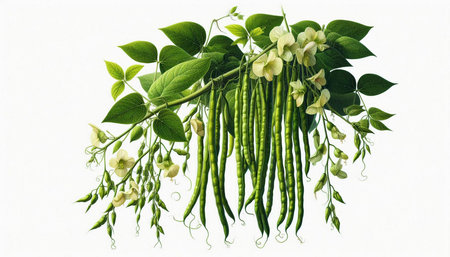 Green beans isolated on white background. Realistic illustration of green beans with flowers.