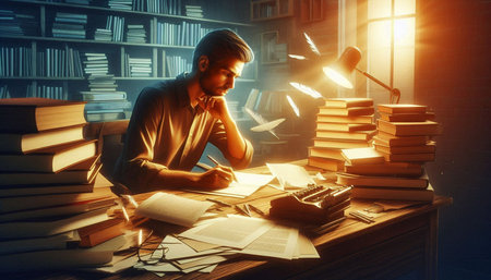 Man sitting at his desk with piles of books and a lamp in the background