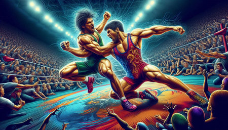 3D illustration of a man and a woman fighting in the ringの写真素材