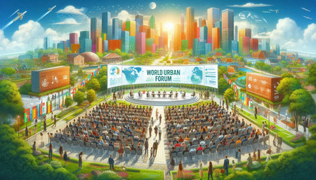 World Wide Web concept with crowd of people and big city background.