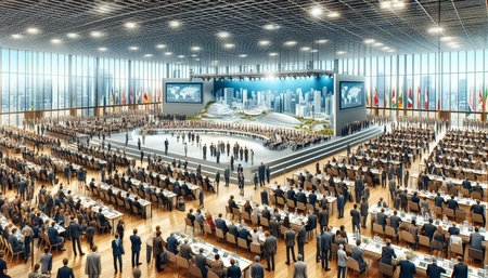 Conference hall with a lot of people around it. 3d rendering