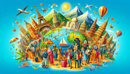 Famous monuments of the world around the planet earth. Cartoon illustrationの写真素材