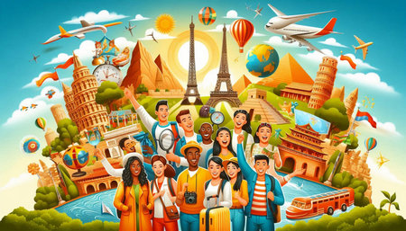 Traveling around the world. Tourists and attractions. Vector illustration.の写真素材