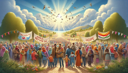 A crowd of people in a religious ceremony in the village. Illustration