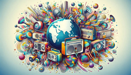 Colorful Music Background with Earth Globe and Music Equipment. Vector illustration.