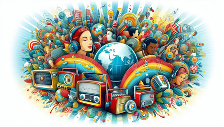 Cartoon colorful illustration of people having fun and listening to music.の写真素材