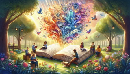 Children reading book in the magic forest. Illustration of fairy tale.
