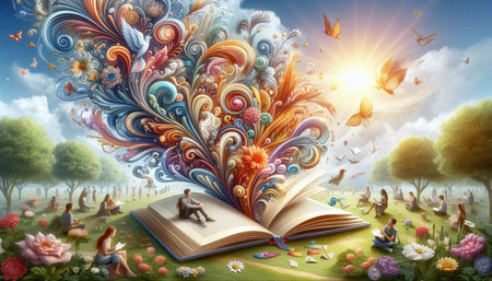 Open book with flowers and butterflies on the background of the nature.