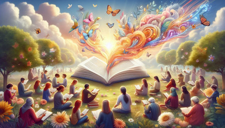 Group of people reading a book in the park. 3d rendering