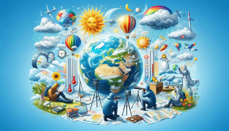 Global warming and climate change concept with Earth globe, sun, wind turbines, thermometer and people on blue backgroundの写真素材