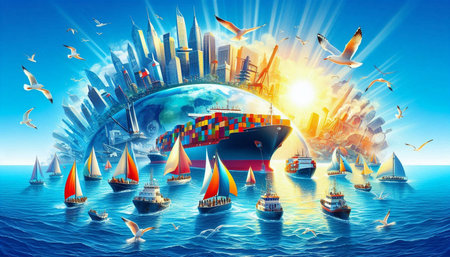 Global logistics and transportation concept with ship and seagulls.の写真素材