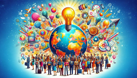 Multiethnic Group of People with Earth Globe and Light Bulb