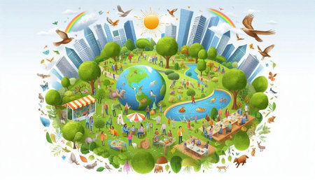 Illustration of a park with people and nature on a white background