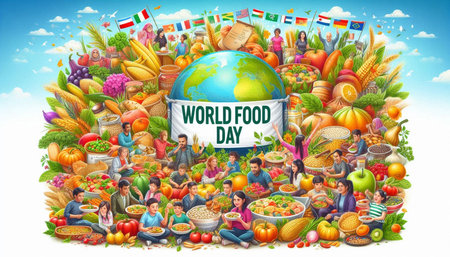 World food day poster with healthy food and people eating healthy food in the world vector illustrationの写真素材
