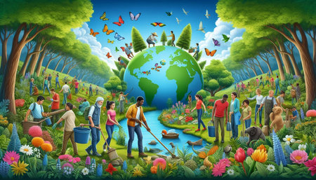 Group of people working in the garden and watering the planet earth illustration