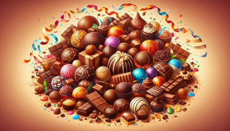 Assorted chocolate candies and confetti on brown background. Vector illustration.