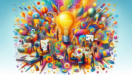 Group of students with books and lightbulb on abstract colorful background