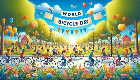 Vector illustration of a happy children's day. Children ride bicycles in the park on a sunny day.