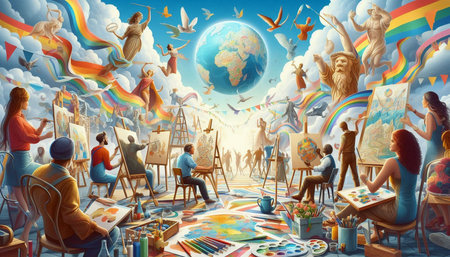 Children painting on canvas in the artist's studio. Illustration.