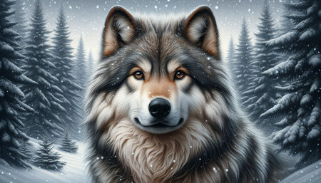 Portrait of a wolf in a snowy forest. 3D rendering.